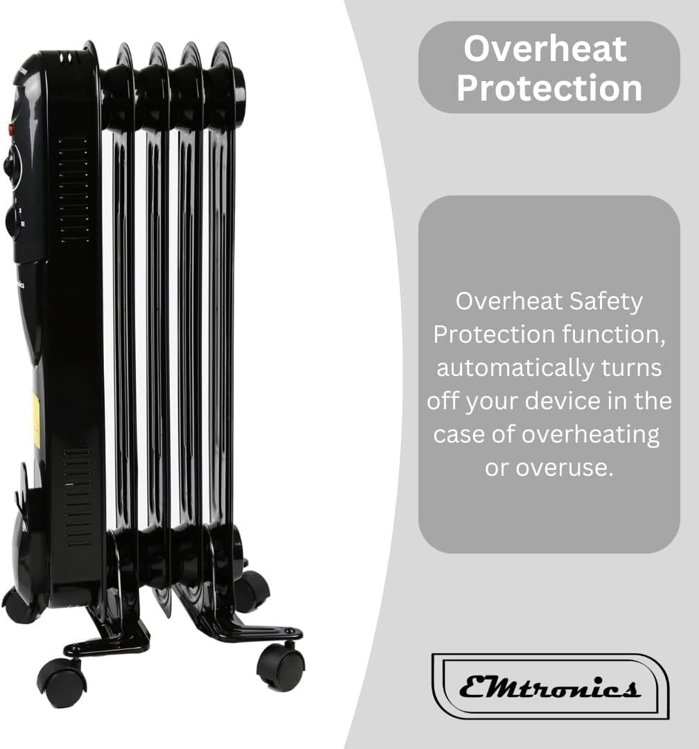Portable 1000W Oil Filled Heater Radiator 5-Fin Adjustable Thermostat 10sqm