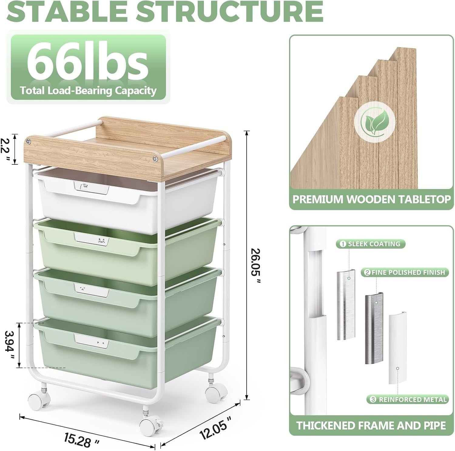 4 Drawer Rolling Storage Trolley Craft Organizer Cart with Wheels Green
