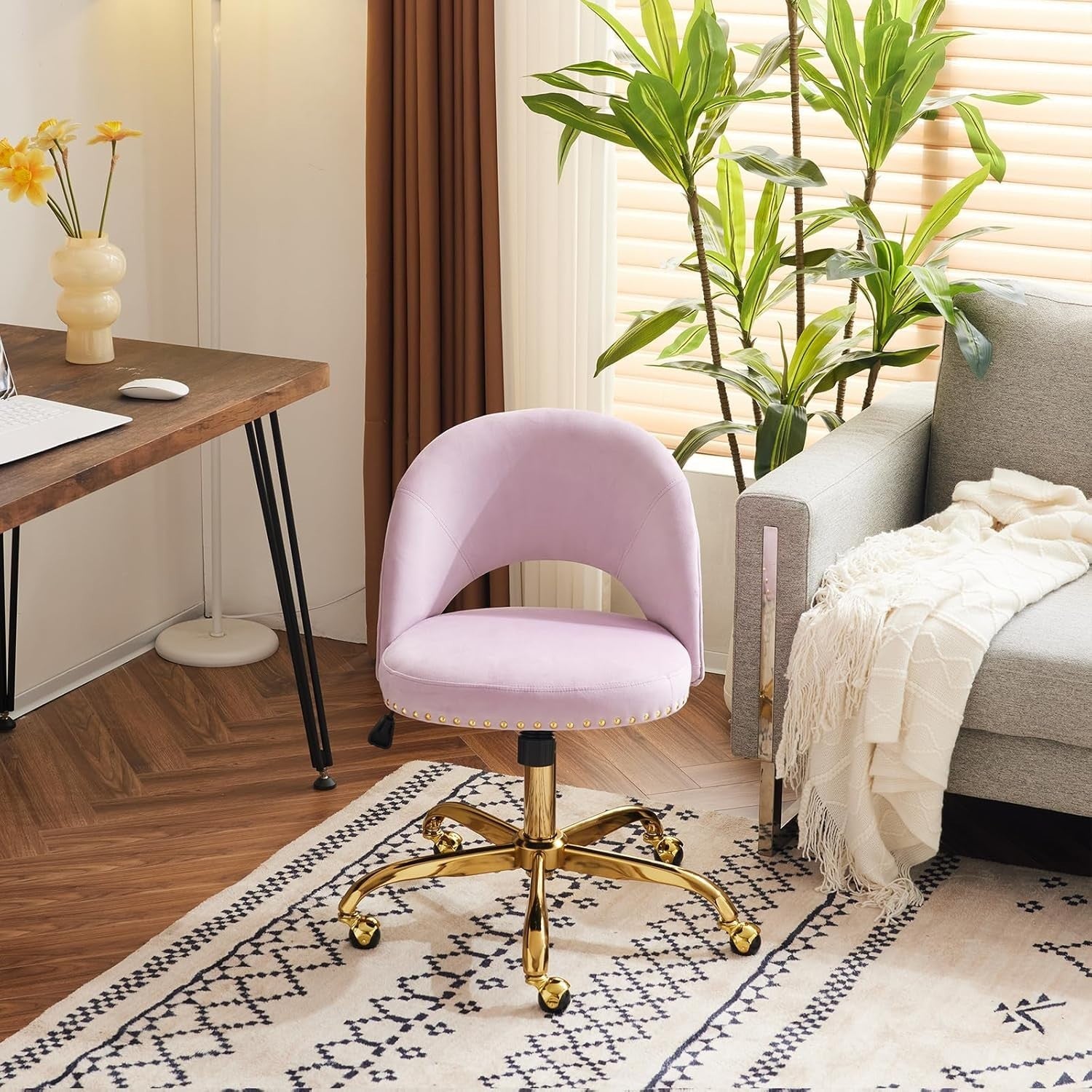 Purple Adjustable Velvet Swivel Desk Chair – Comfy Vanity & Office Seating