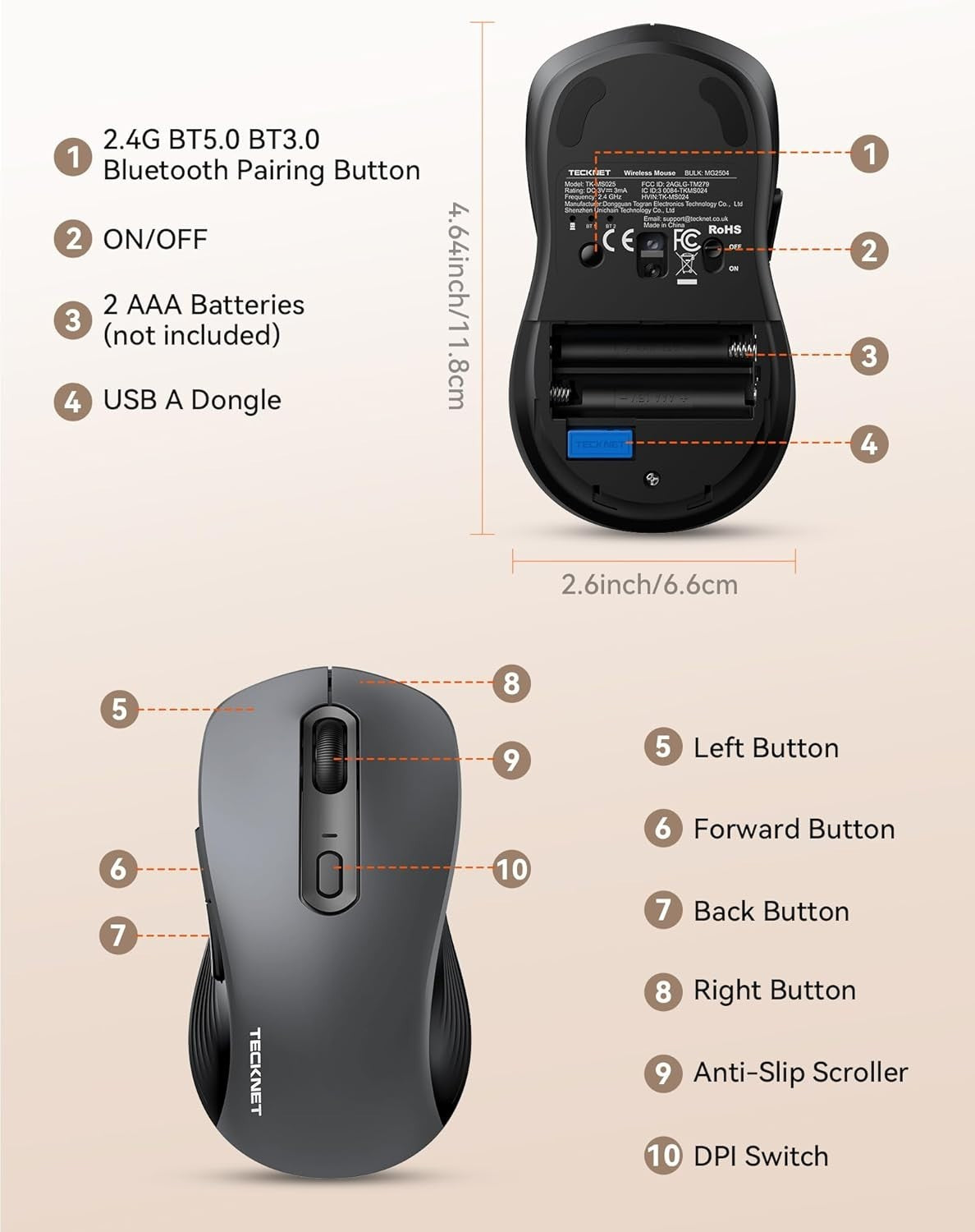Ultra Quiet Wireless Mouse Multi Device Bluetooth USB 4800 DPI Office