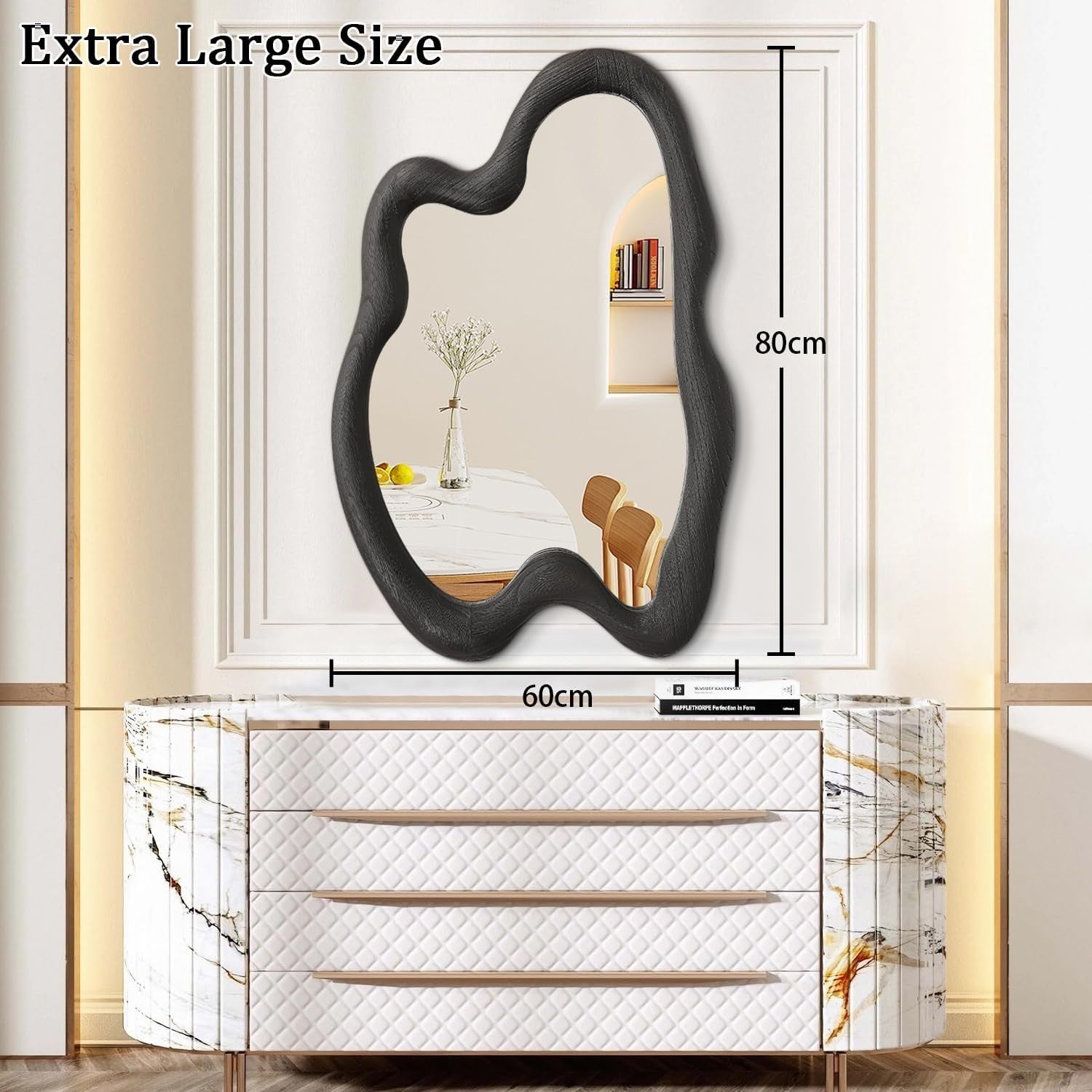 Large 80x60cm Black Irregular Wall Mirror Modern Asymmetrical Wood Frame