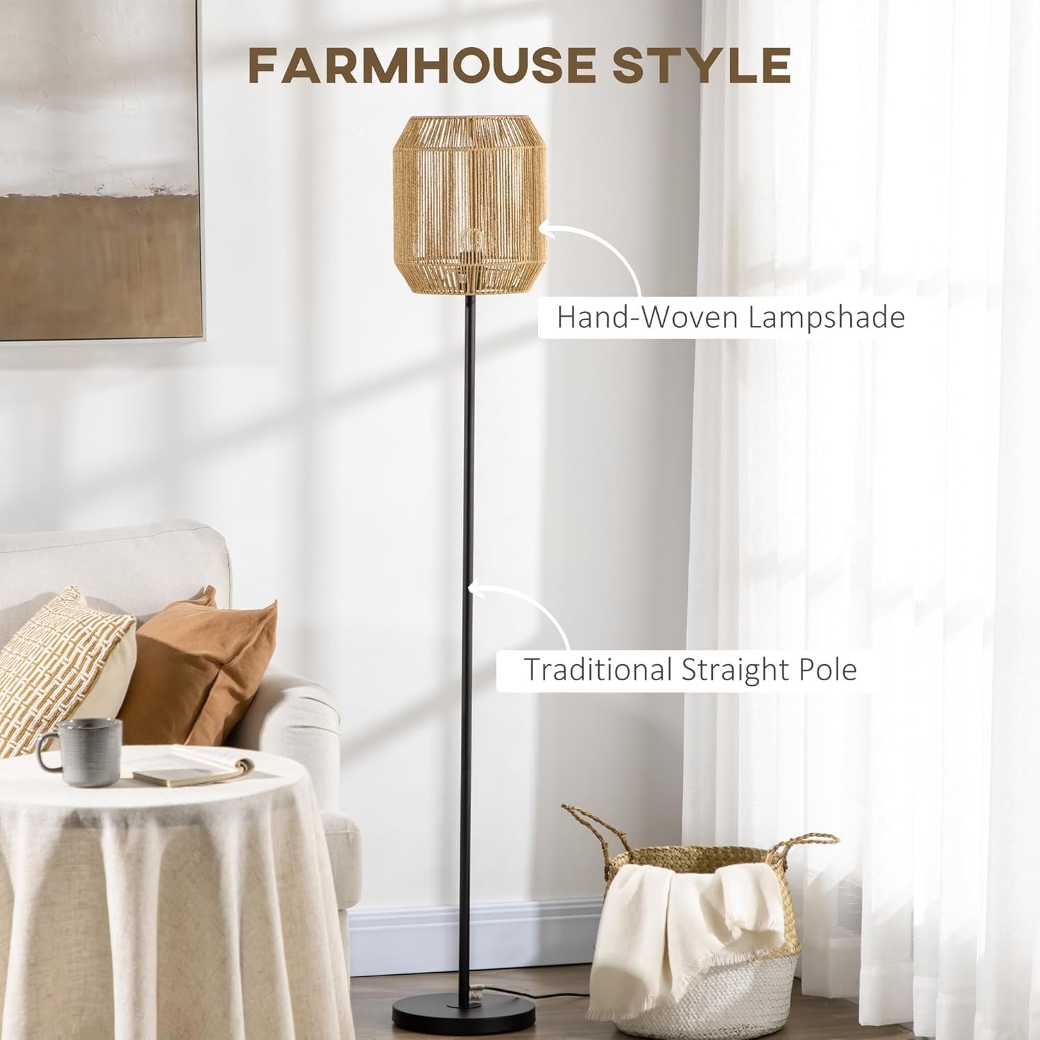 Rattan Floor Lamp Wicker Standing Light Natural Shade Living Room Bedroom