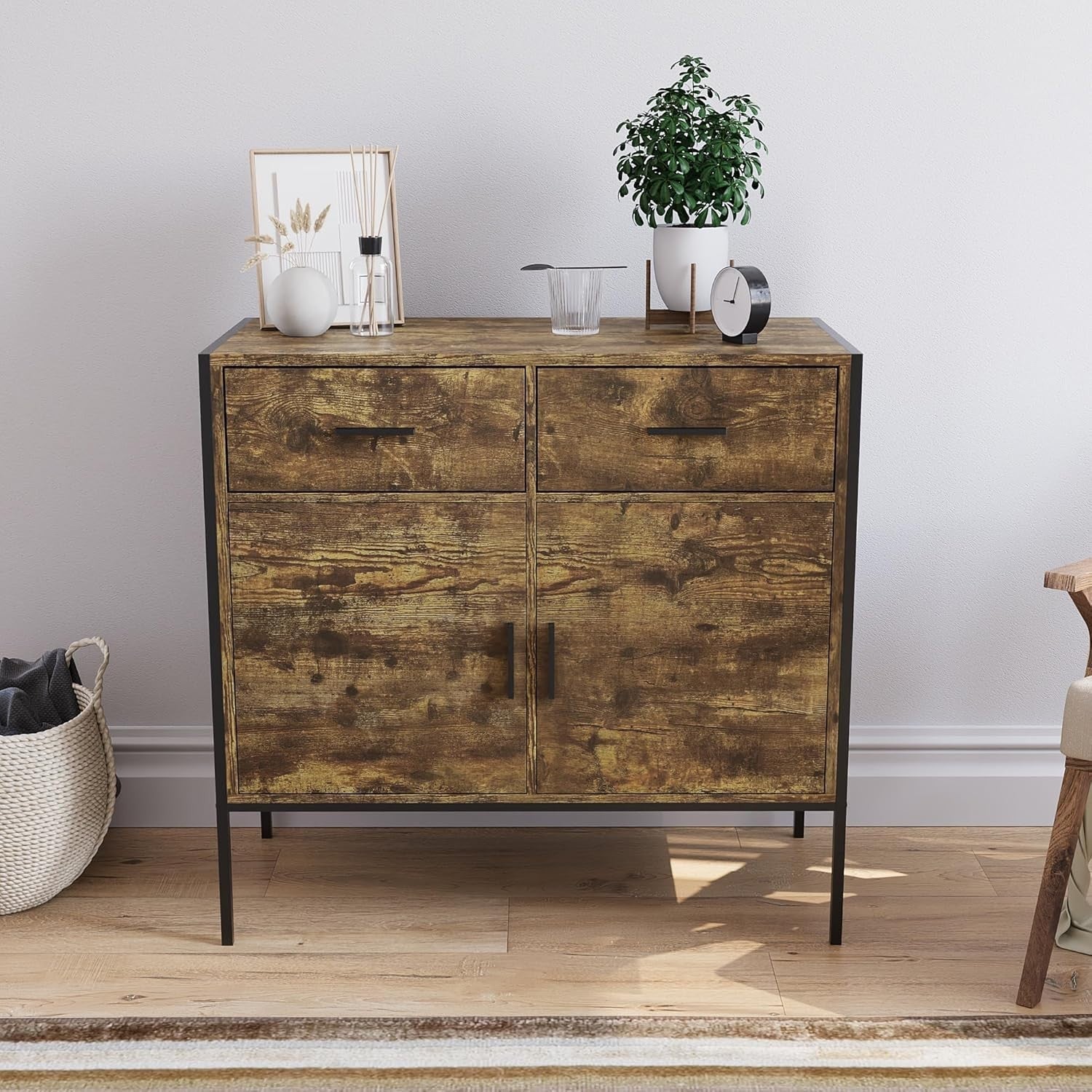 Industrial Dark Wood Sideboard Storage Cabinet 2 Door 2 Drawer Metal Legs