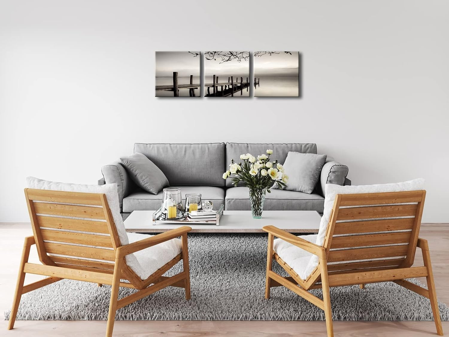 12"x12" Black White 3 Piece Landscape Canvas Wall Art – Modern Decor