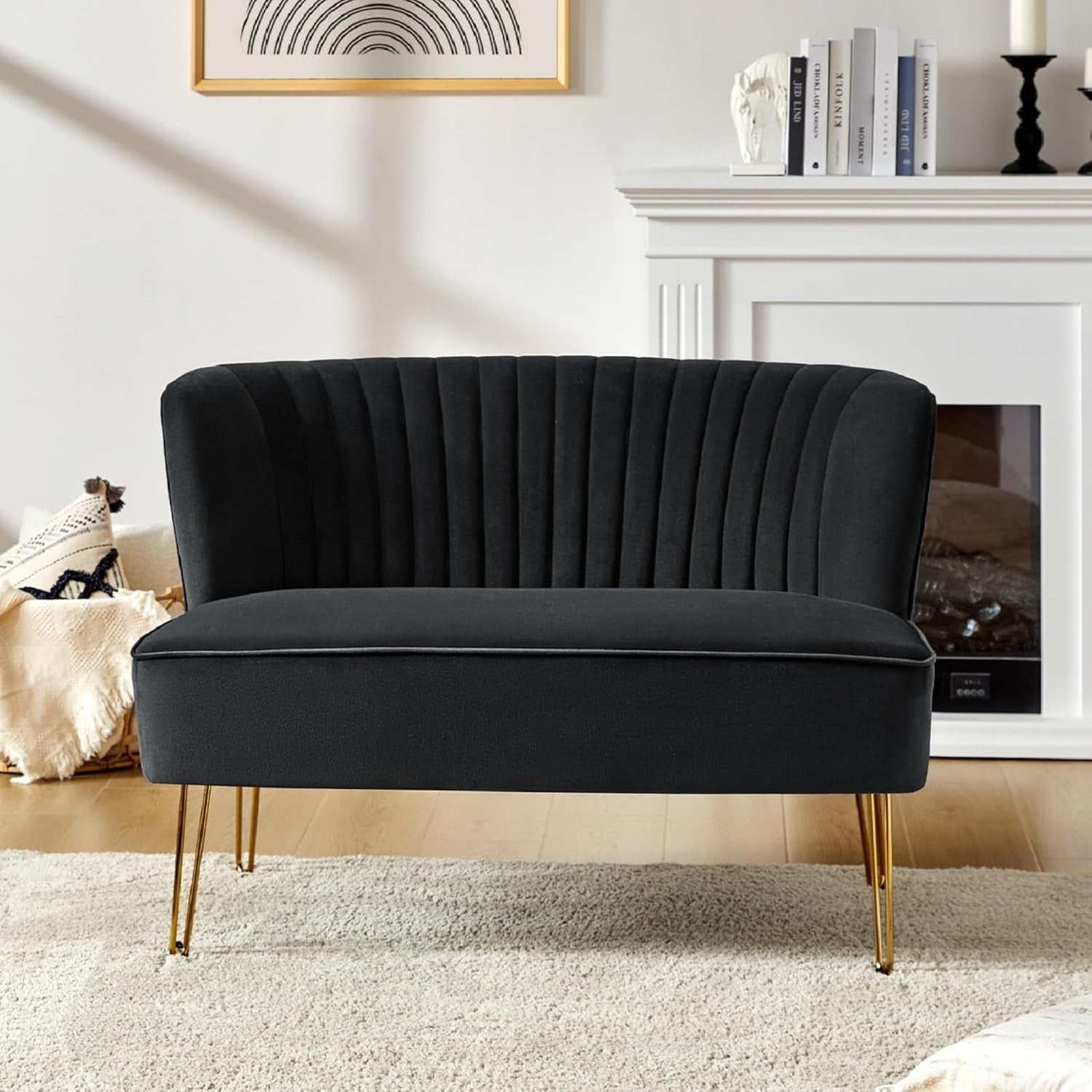 Black Velvet 2 Seater Sofa with Gold Legs Compact Loveseat for Lounge Flat