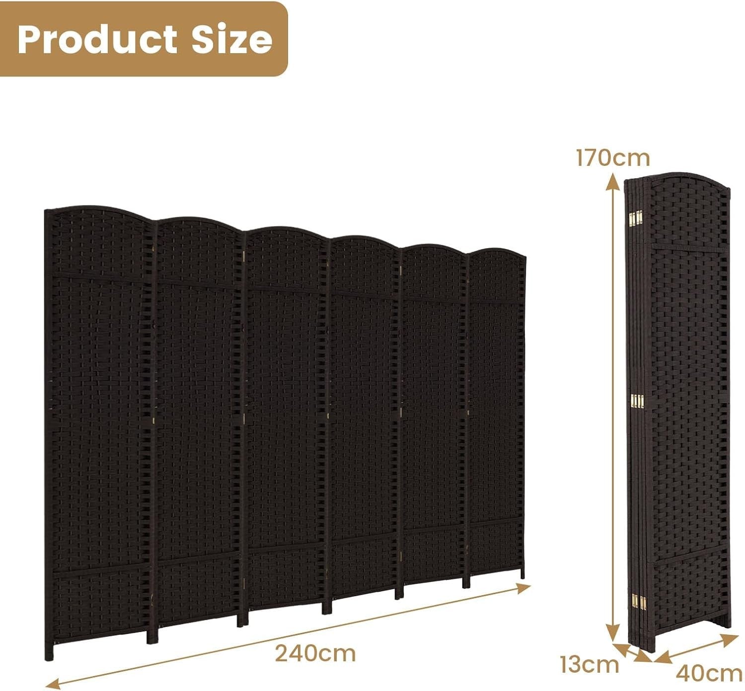6 Panel Brown Wicker Folding Room Divider Privacy Screen 240x170cm