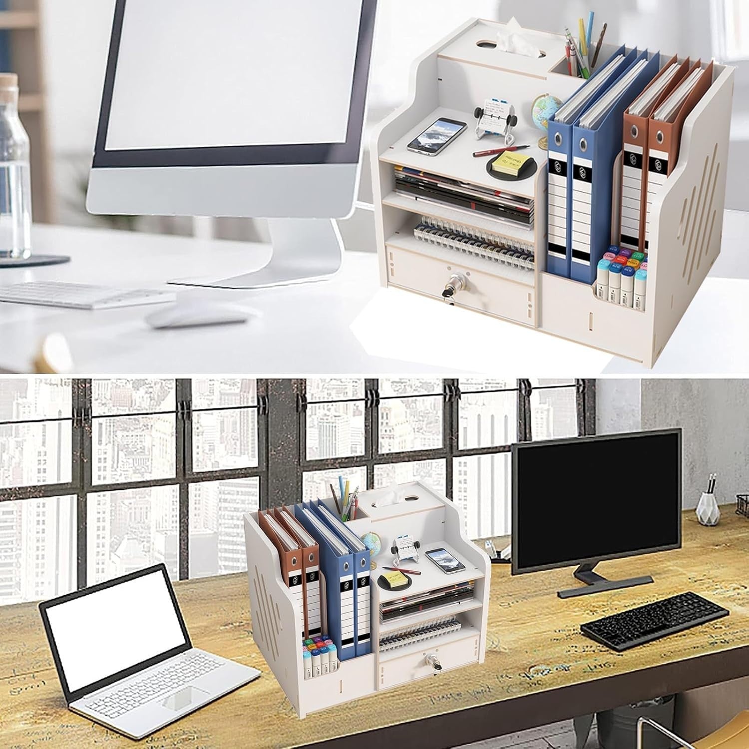 White Desk Organiser with Drawer 9-Compartment Desktop Storage