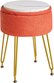 Orange Teddy Velvet Storage Footrest Stool – Vanity Ottoman with Golden Legs