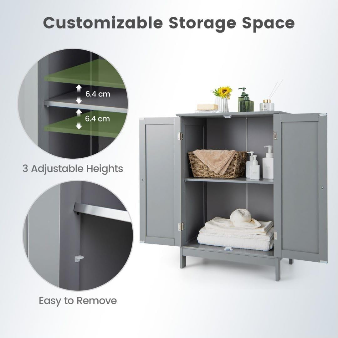 Adjustable Bathroom Floor Cabinet with 3 Shelves, Anti-Tipping Design, Grey
