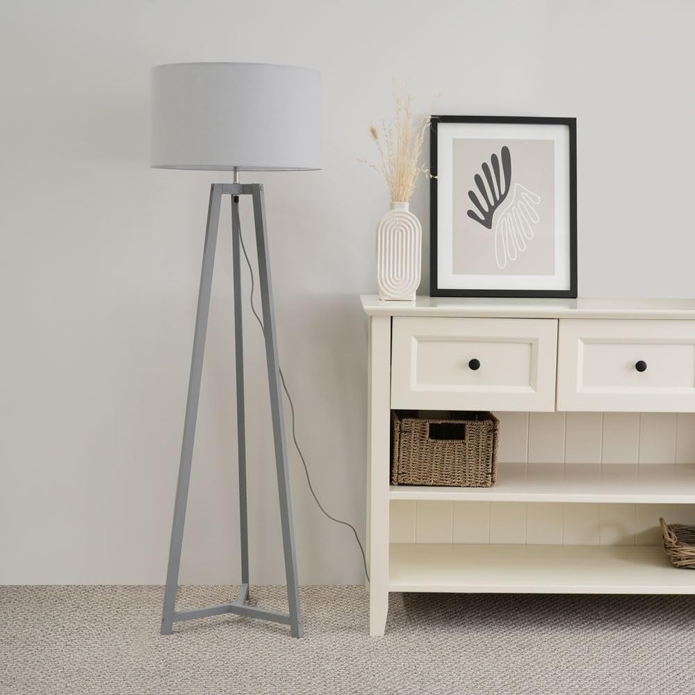 Grey Wooden Tripod Floor Lamp Fabric Drum Shade LED Living Room Light