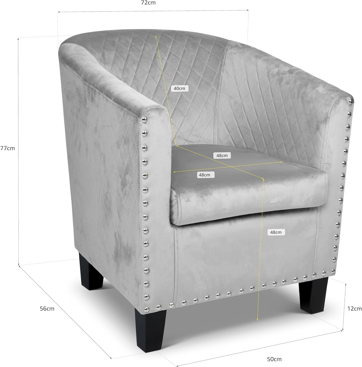 Grey Velvet Tub Chair Studded Accent Armchair Retro Lounge Seat