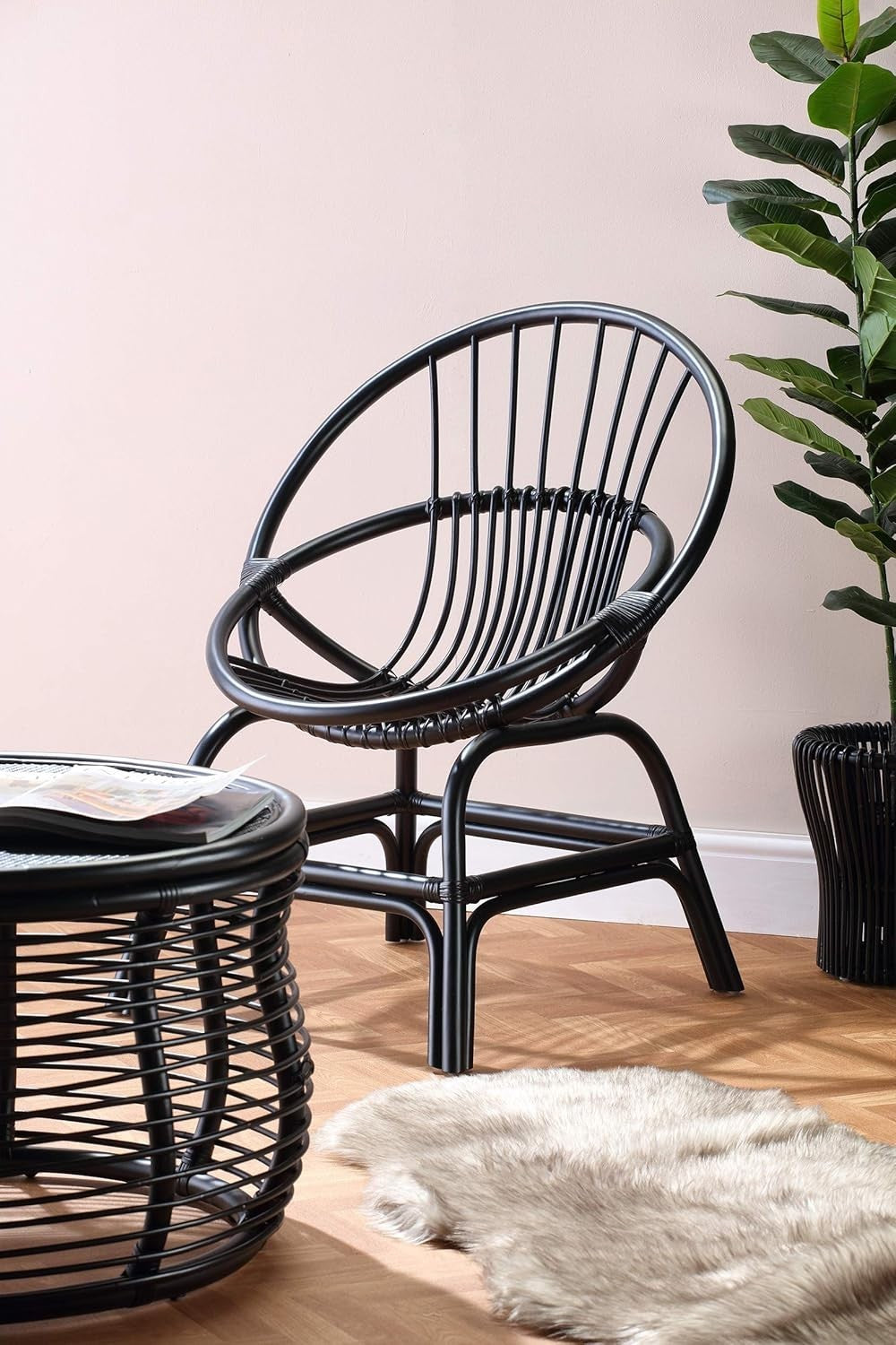 Black Rattan Wicker Moon Chair Indoor Cane Lounge Armchair Bedroom