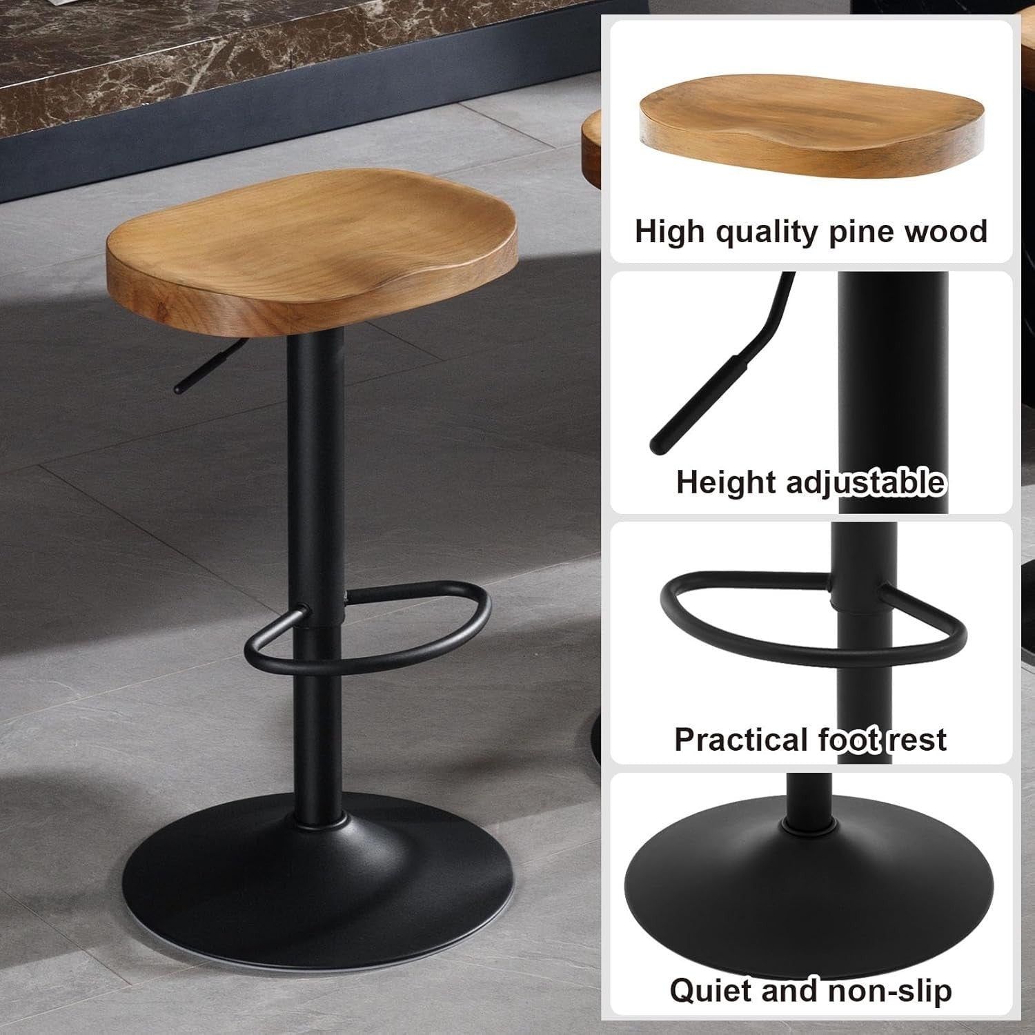 Set of 2 Dark Wood Effect Swivel Bar Stools Adjustable Height Saddle Seat