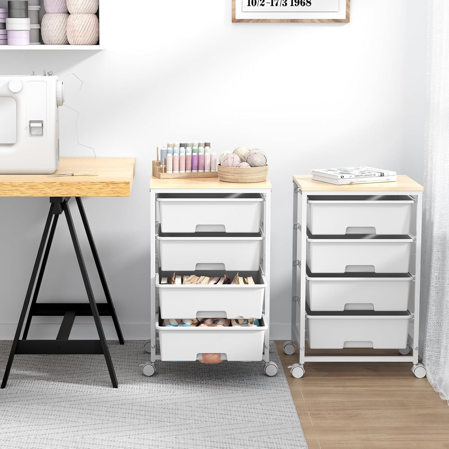 4 Drawer Utility Storage Cart Mobile Organizer w/ Wheels Wooden Top