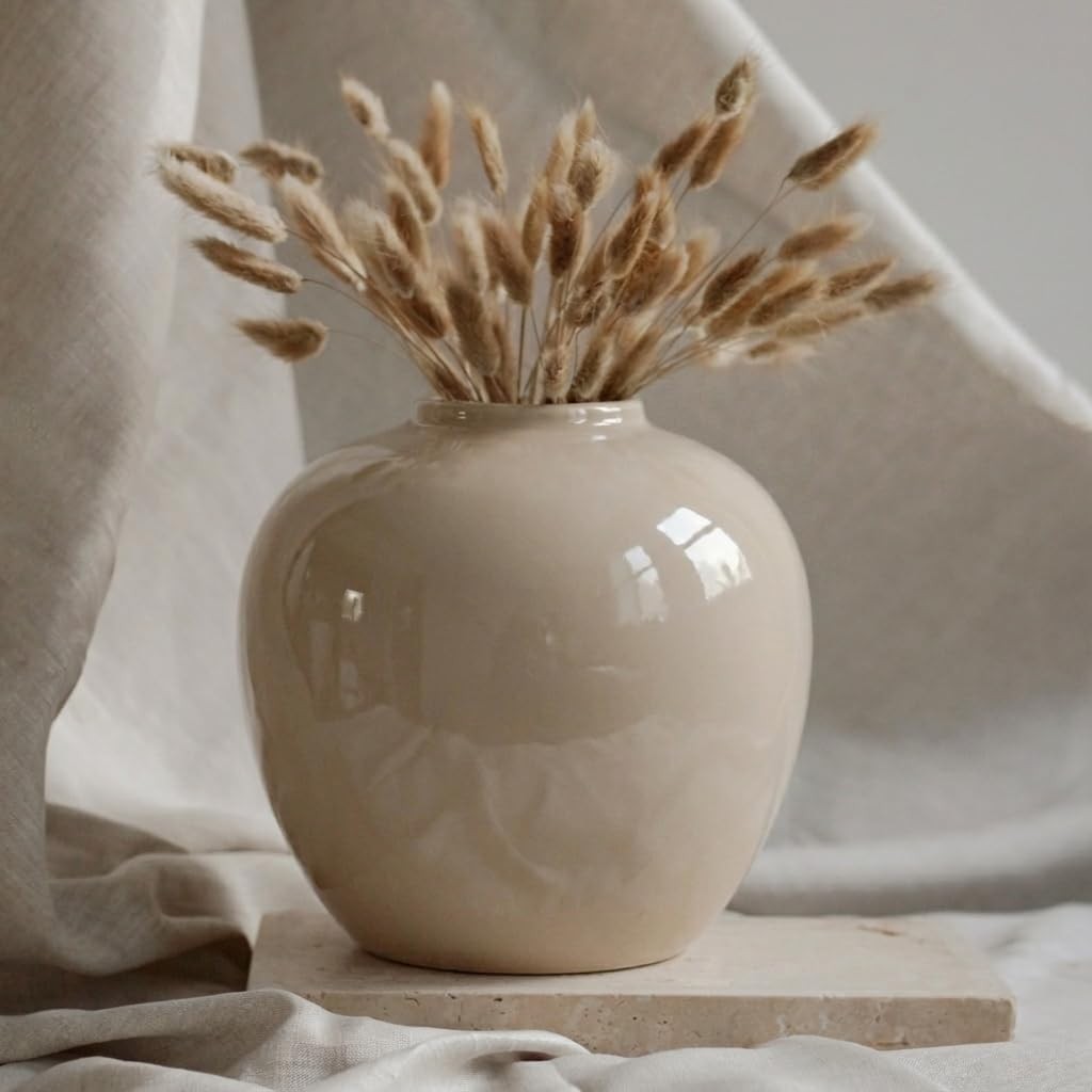 Cream Ceramic Flower Vase 20cm Round Minimalist Modern Home Décor