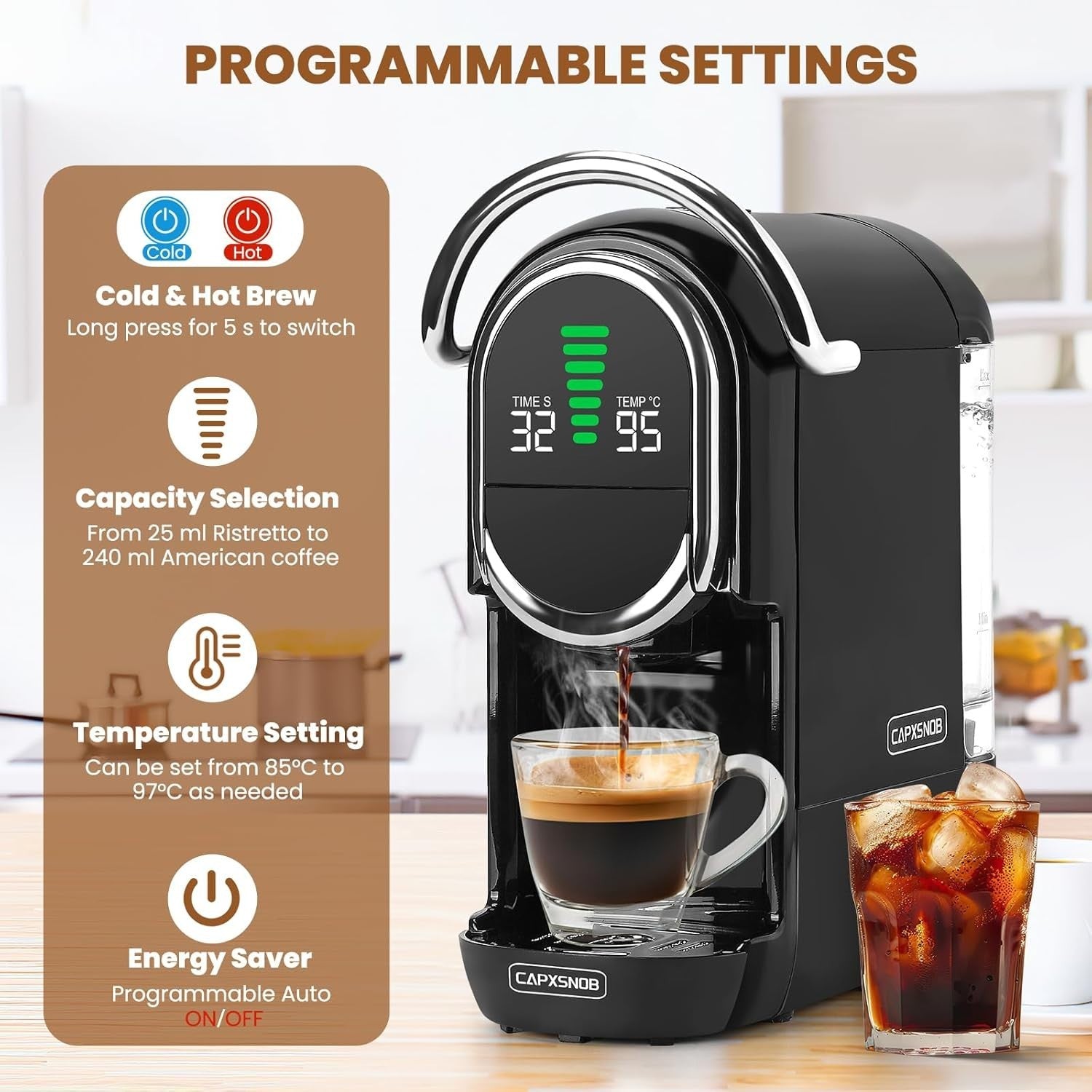 5-in-1 Pod Coffee Maker 20Bar Hot & Cold Brew Machine Compact Fast Heat-Up