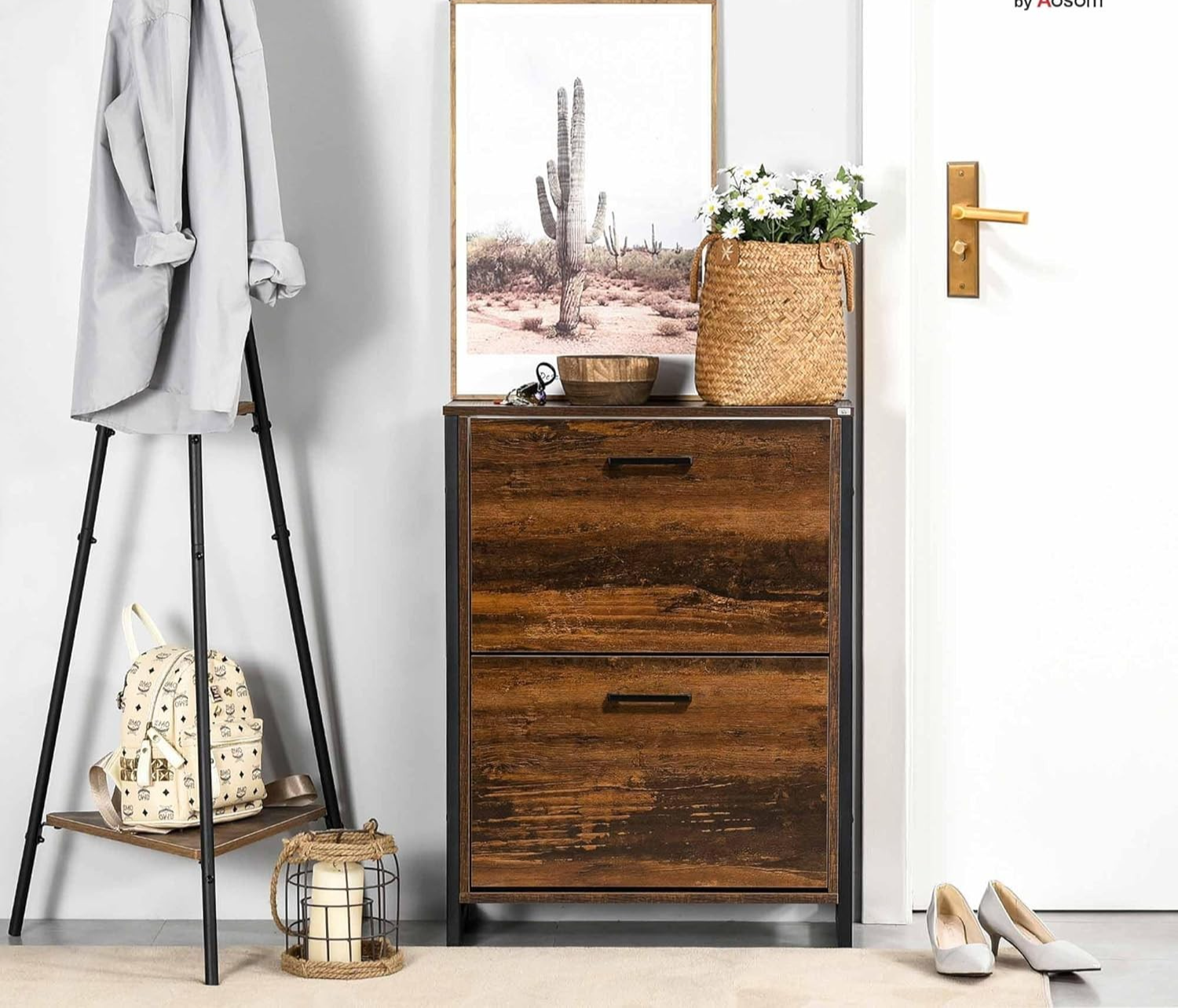 Slim Industrial Shoe Cabinet 2 Flip Drawers Hallway Storage 64x23.5x85cm
