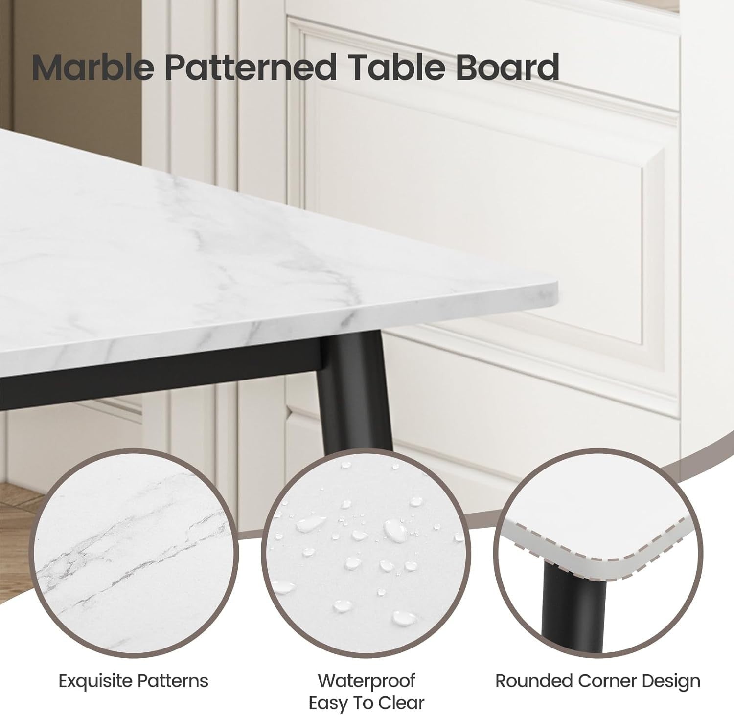4 Seater Marble Dining Table Set White Faux Leather Chairs Modern