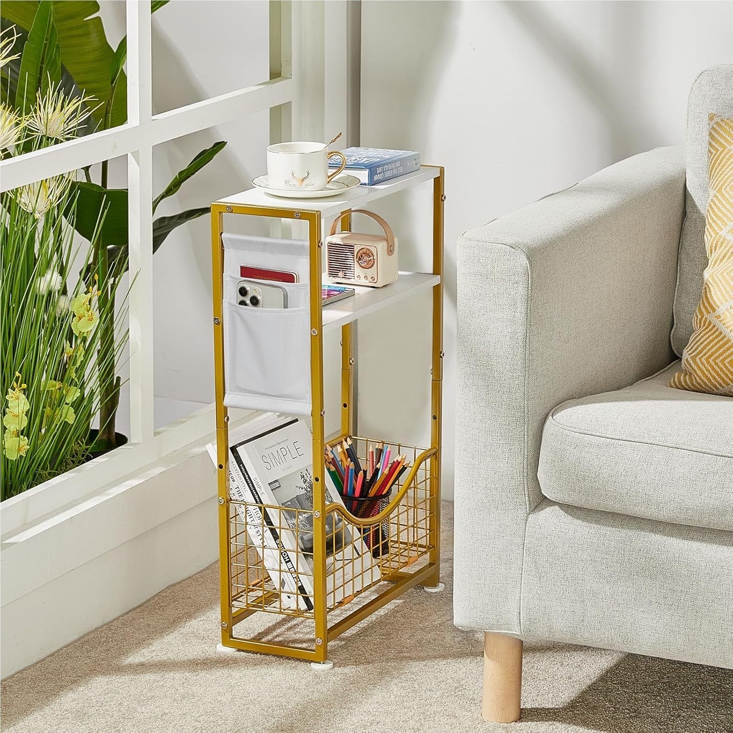 White Gold 3-Tier Narrow Side Table 30x30x50 cm | Slim End Table w/ Storage