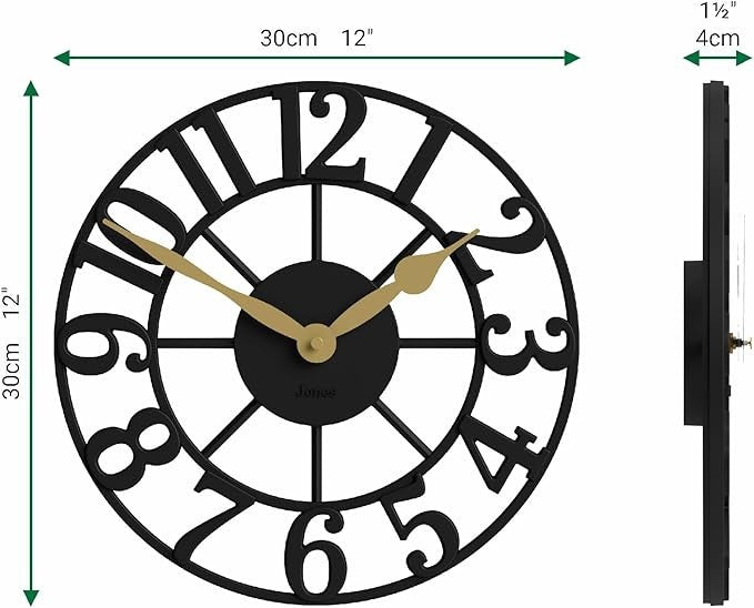 30cm Black Skeleton Wall Clock Silent Modern Raised Numerals Luxury Home Decor