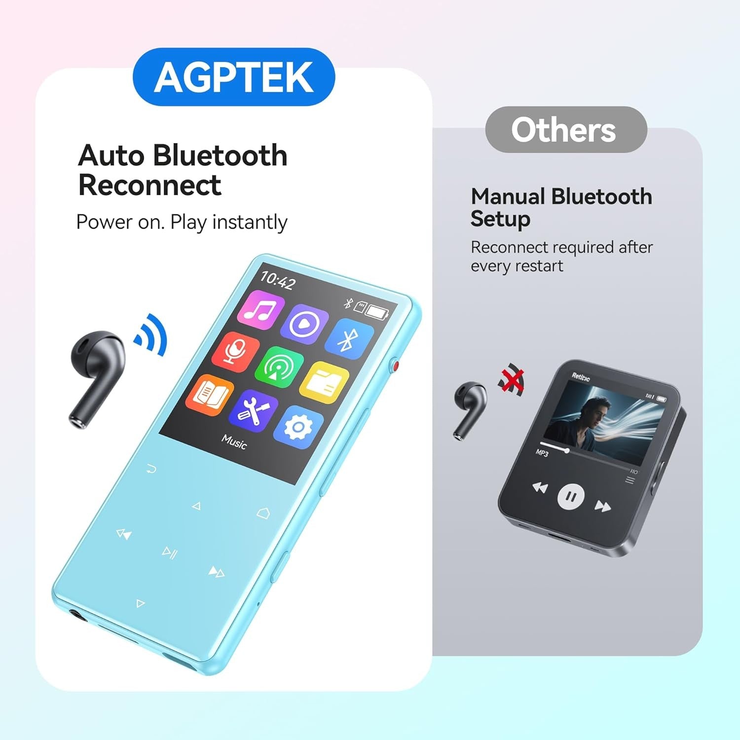 128GB Bluetooth 5.4 MP3 Player 2.4" Touch Screen FM Speaker Blue