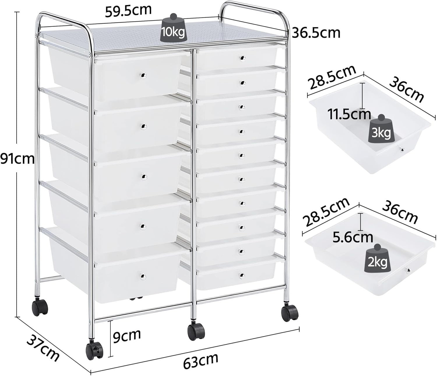 15 Drawer Rolling Storage Cart Organizer Trolley Wheels White