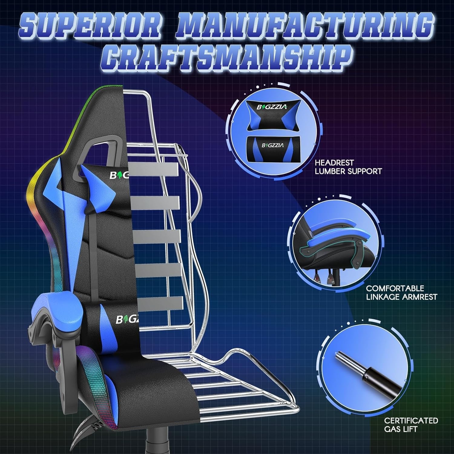 RGB LED Gaming Chair Reclining PU Leather Ergonomic Blue