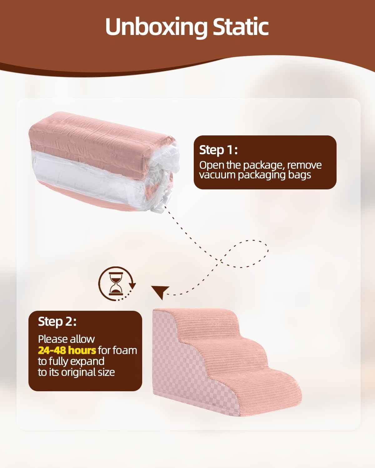 Dog Stairs for Couch 39cm High 3-Step Pet Stairs Small Dogs Non-Slip Pink