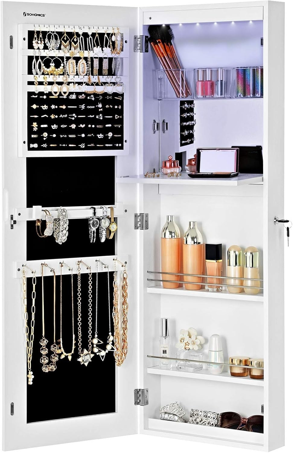 White Extra Wide Mirrored Jewelry Cabinet Lockable Storage Stand