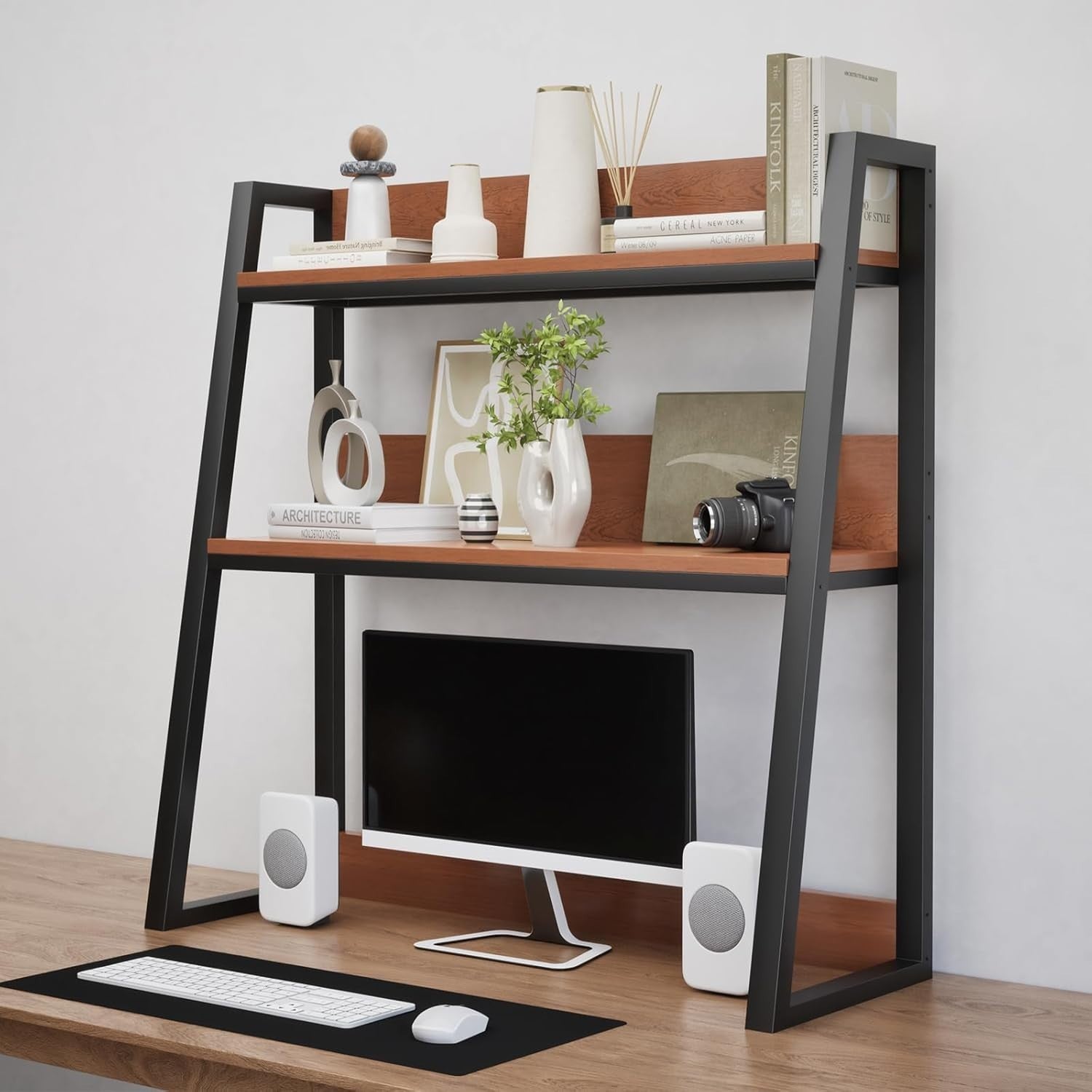 55cm Desktop Hutch 2-Tier Ladder Shelf Organizer Wooden Display Rack Brown