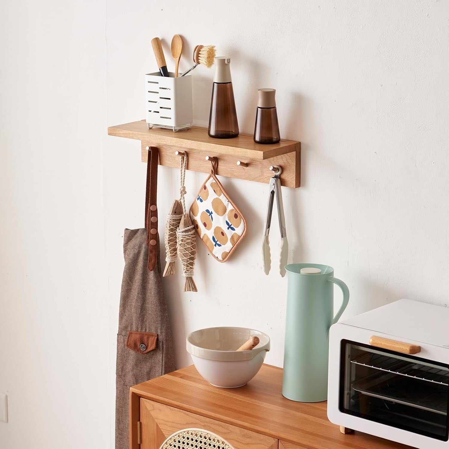 20in Oak Wood Wall Shelf with Hooks Entryway Coat Rack Floating Hat Towel Rail