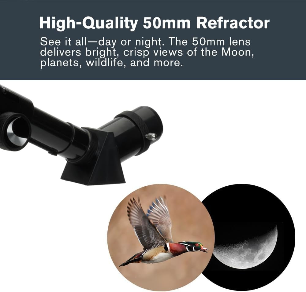 50mm Travel Scope, Portable Refractor with Tripod & Backpack-Black