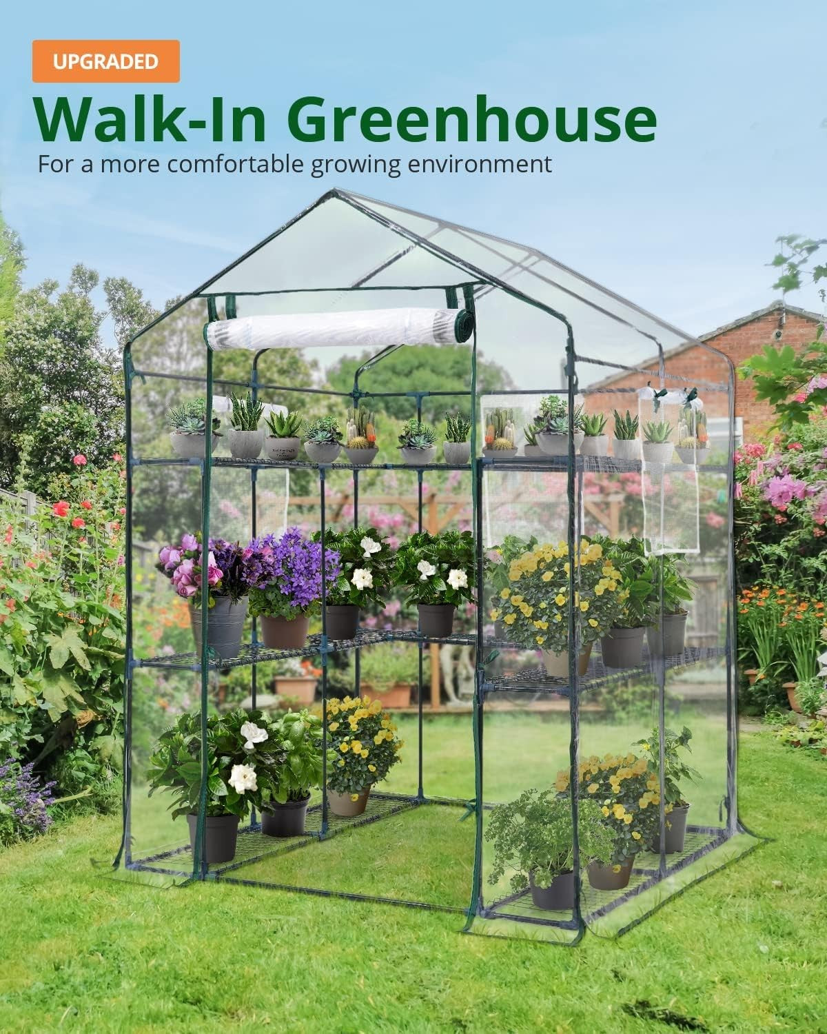 Large Walk-In Greenhouse with Shelves | Heavy Duty Clear PVC Cover | Steel Frame