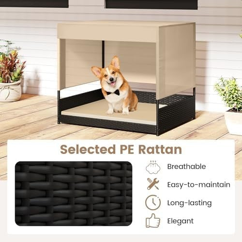 Wicker Pet House with Cushion & Roof, Raised Rattan Dog Bed for Small Dogs