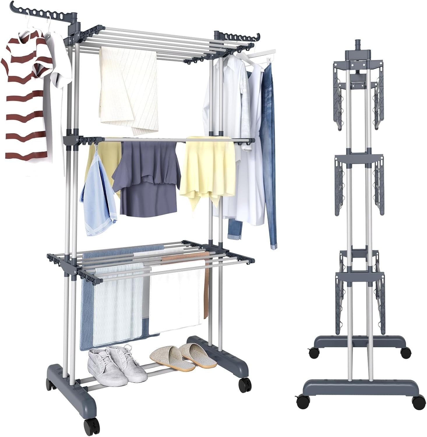 3 Tier Rolling Laundry Air Drying Stand Folding Wings Mobile Indoor Rack