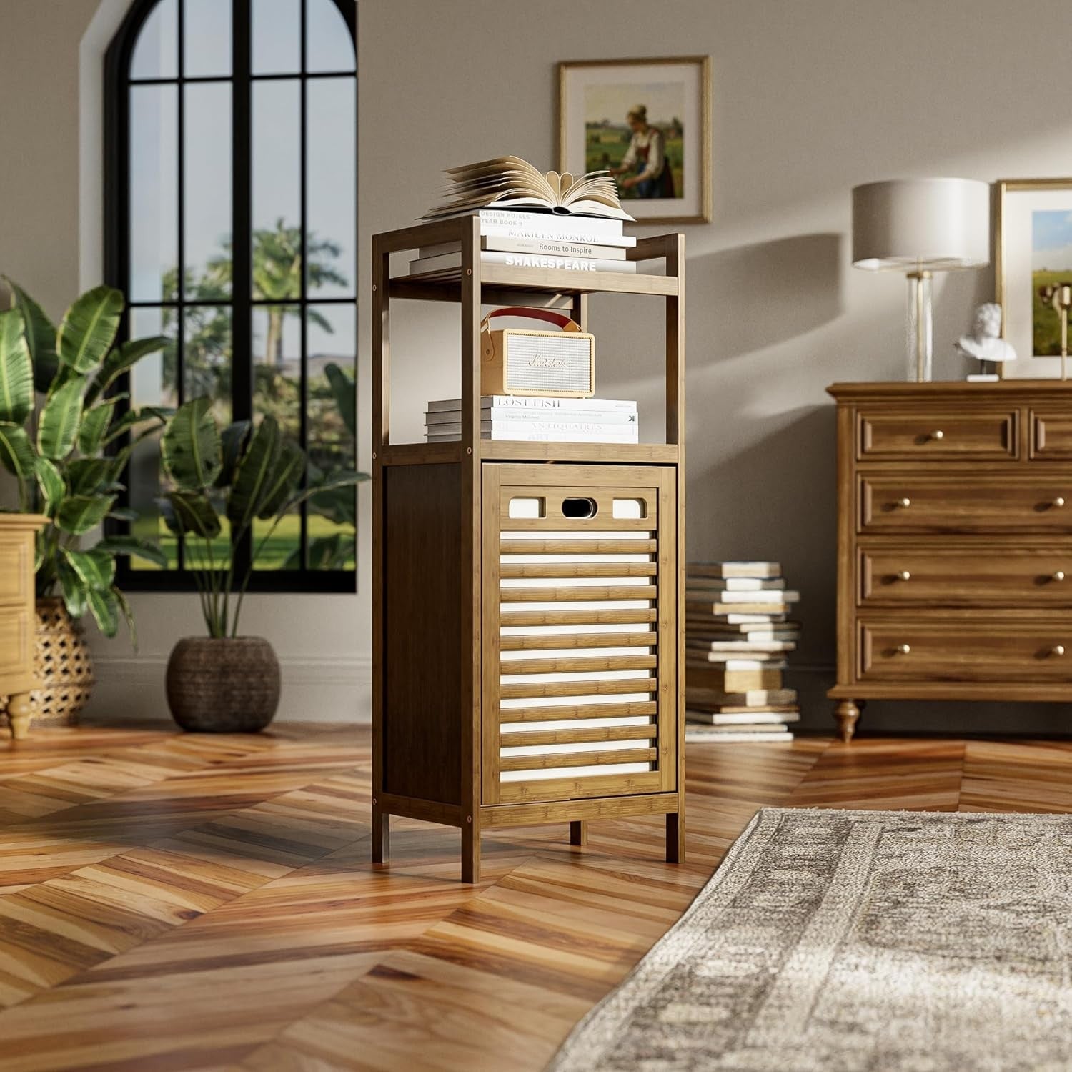Bamboo Tilt Out Laundry Hamper Cabinet with Shelves Storage Unit Walnut