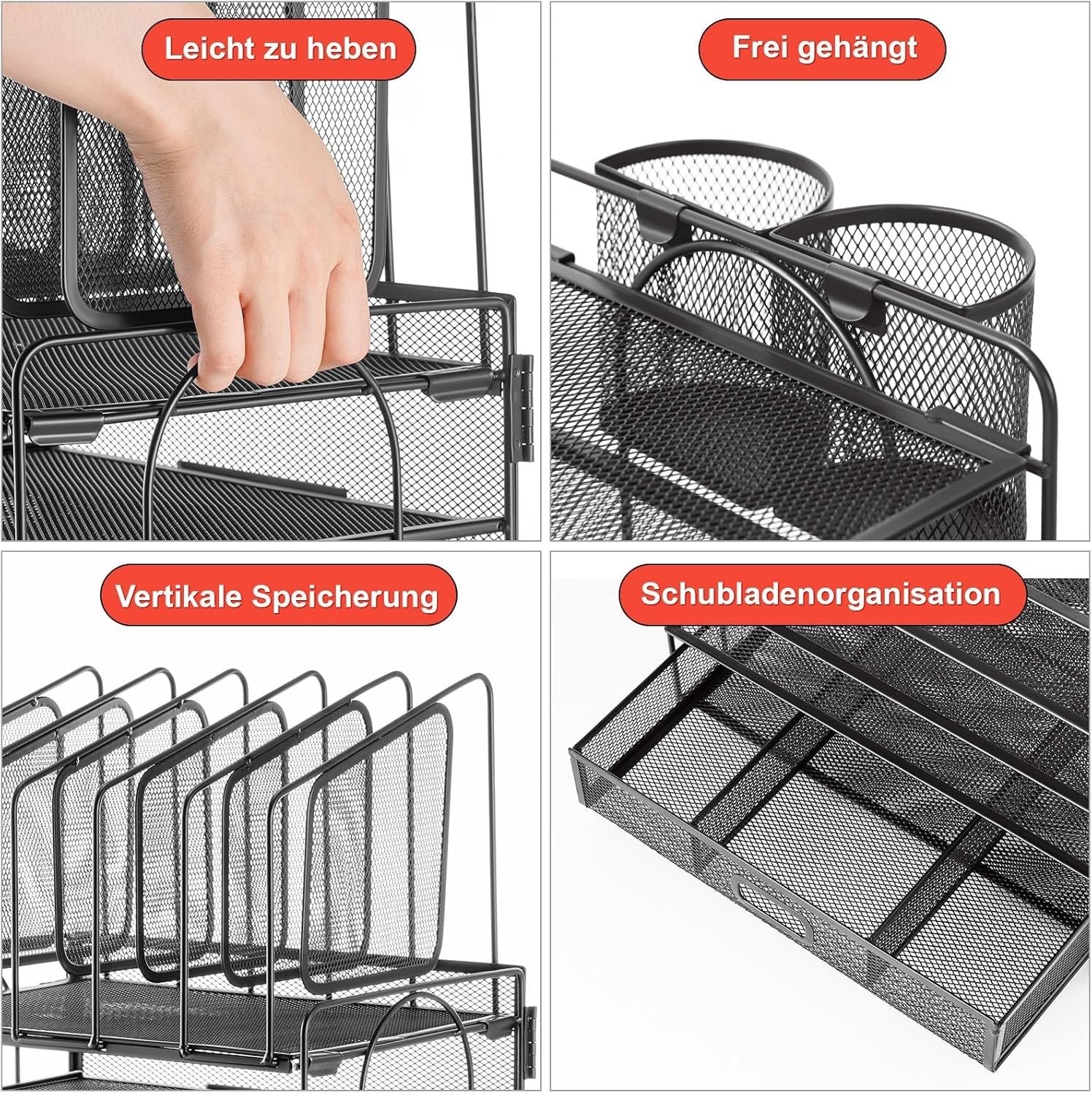 4-Tier Desk Organizer Tray with Drawer, 5 Vertical File & Pen Holders