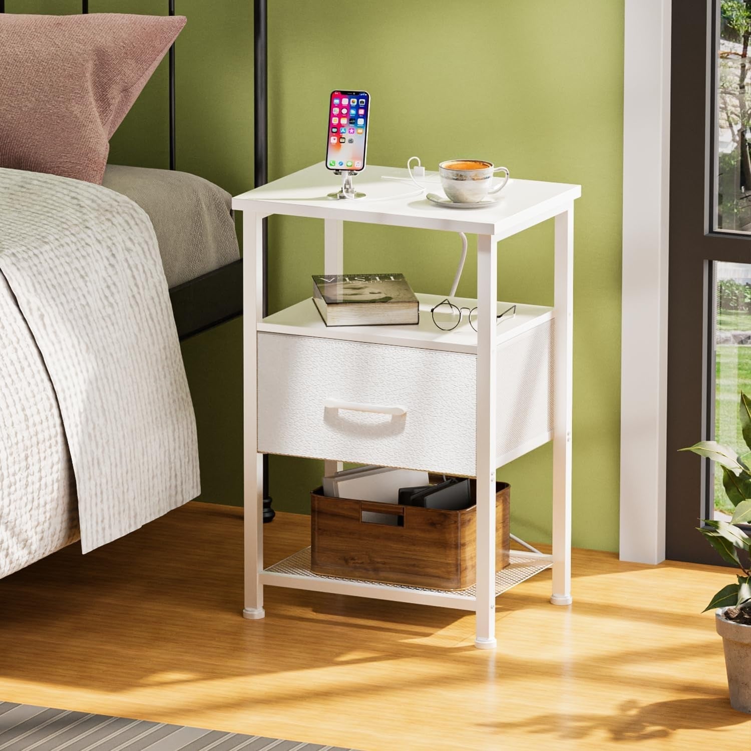 Set of 2 White LED Bedside Tables with Drawer & USB Charging Ports