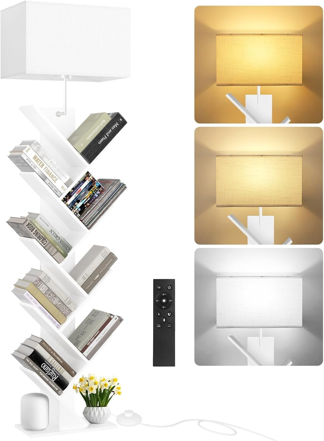 9 Tier Tree Bookshelf White Floor Lamp with Remote Light Narrow Wooden Bookcase