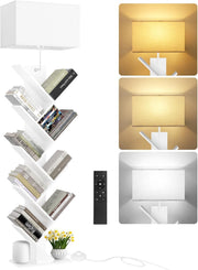 9 Tier Tree Bookshelf White Floor Lamp with Remote Light Narrow Wooden Bookcase