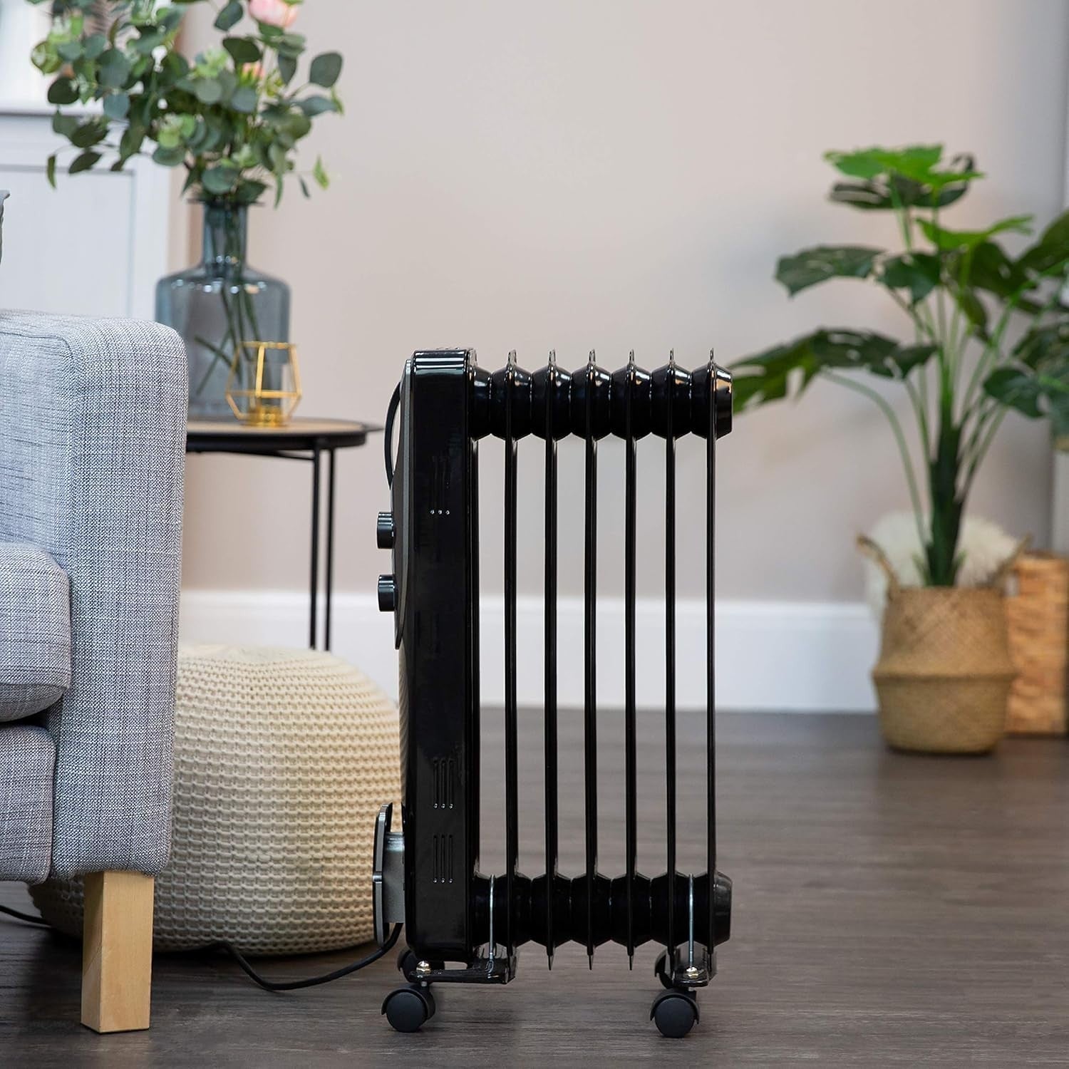 1500W Oil Filled Radiator Heater 7 Fins Portable Adjustable Thermostat