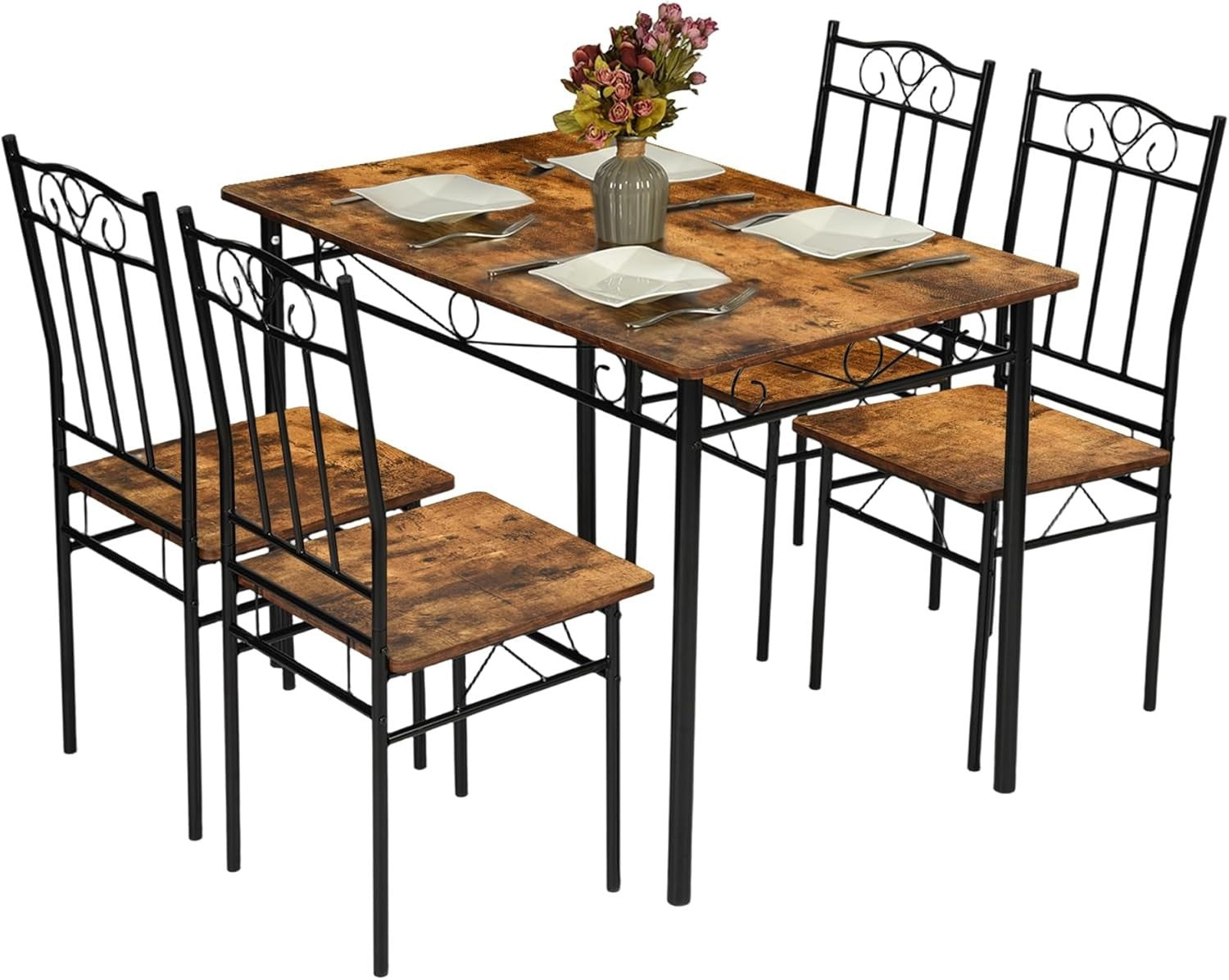 Vintage Rectangular Dining Set 4 Chairs Rustic Wood Kitchen Table Compact