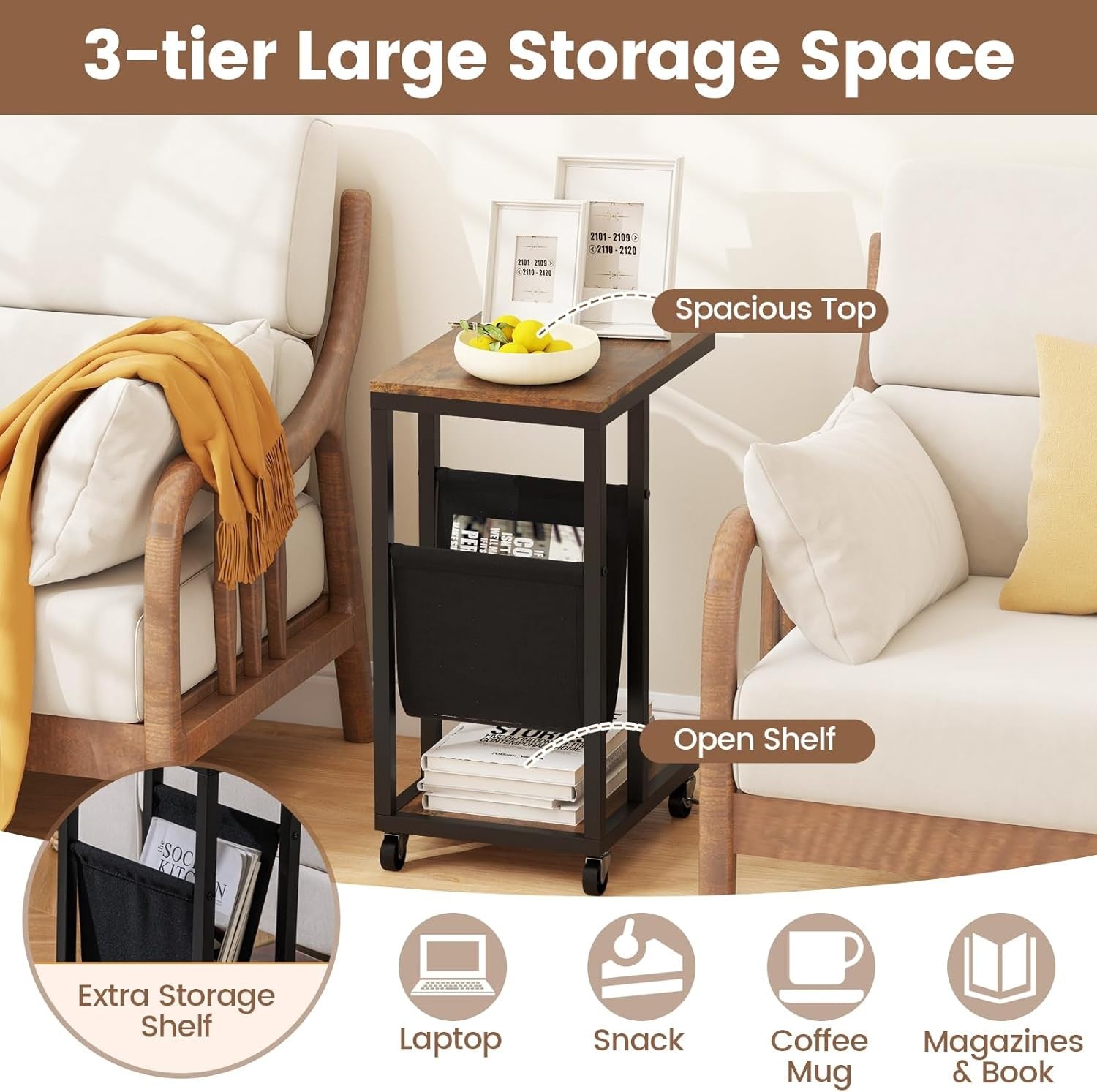 Rolling C-Shaped Side Table Rustic Brown | Sofa Laptop Table w/ Magazine Rack