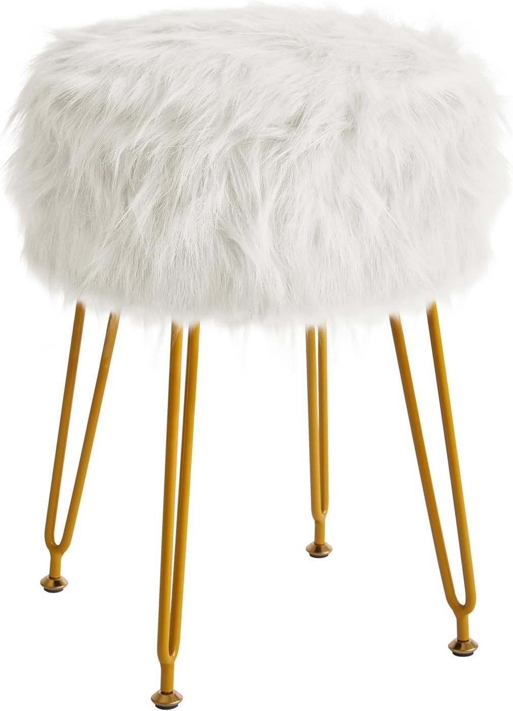 White Round Vanity Stool with Storage – Soft Furry Seat & Metal Legs