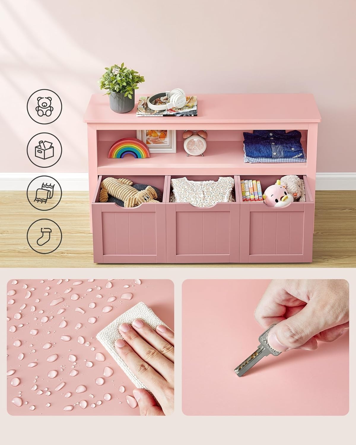 Kids Toy Storage Cabinet with Wheels Pink – 3 Drawer Bookcase Unit