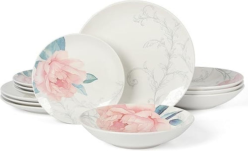 12pc Porcelain Floral Dinnerware Set Service for 4 Chip Scratch Resistant
