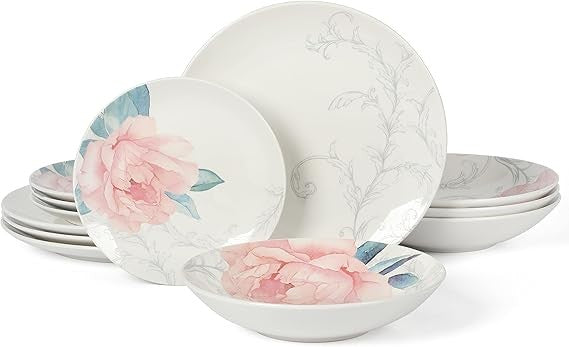 12pc Porcelain Floral Dinnerware Set Service for 4 Chip Scratch Resistant