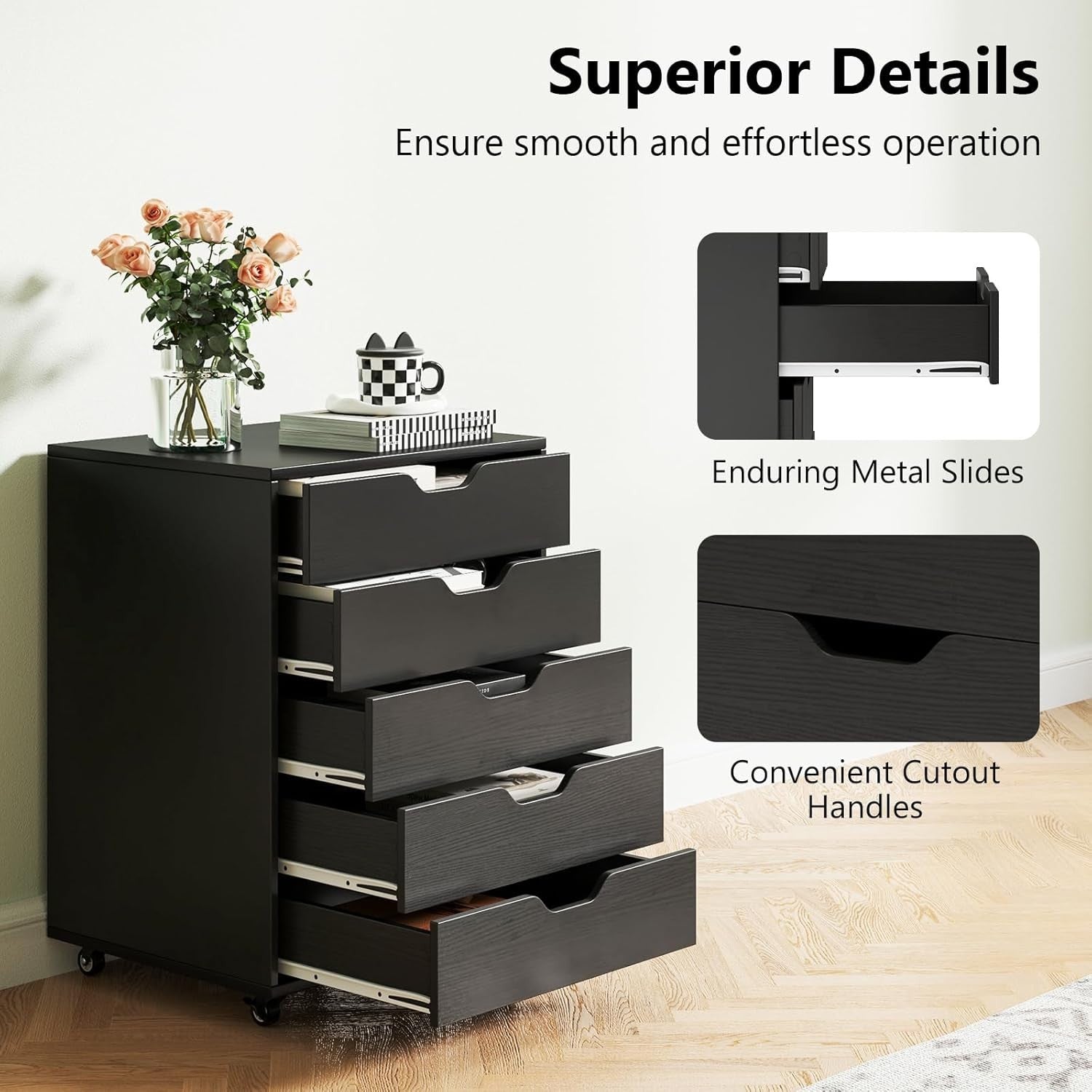 Black Mobile Filing Cabinet 5 Drawer Storage Unit with Wheels for Home Office