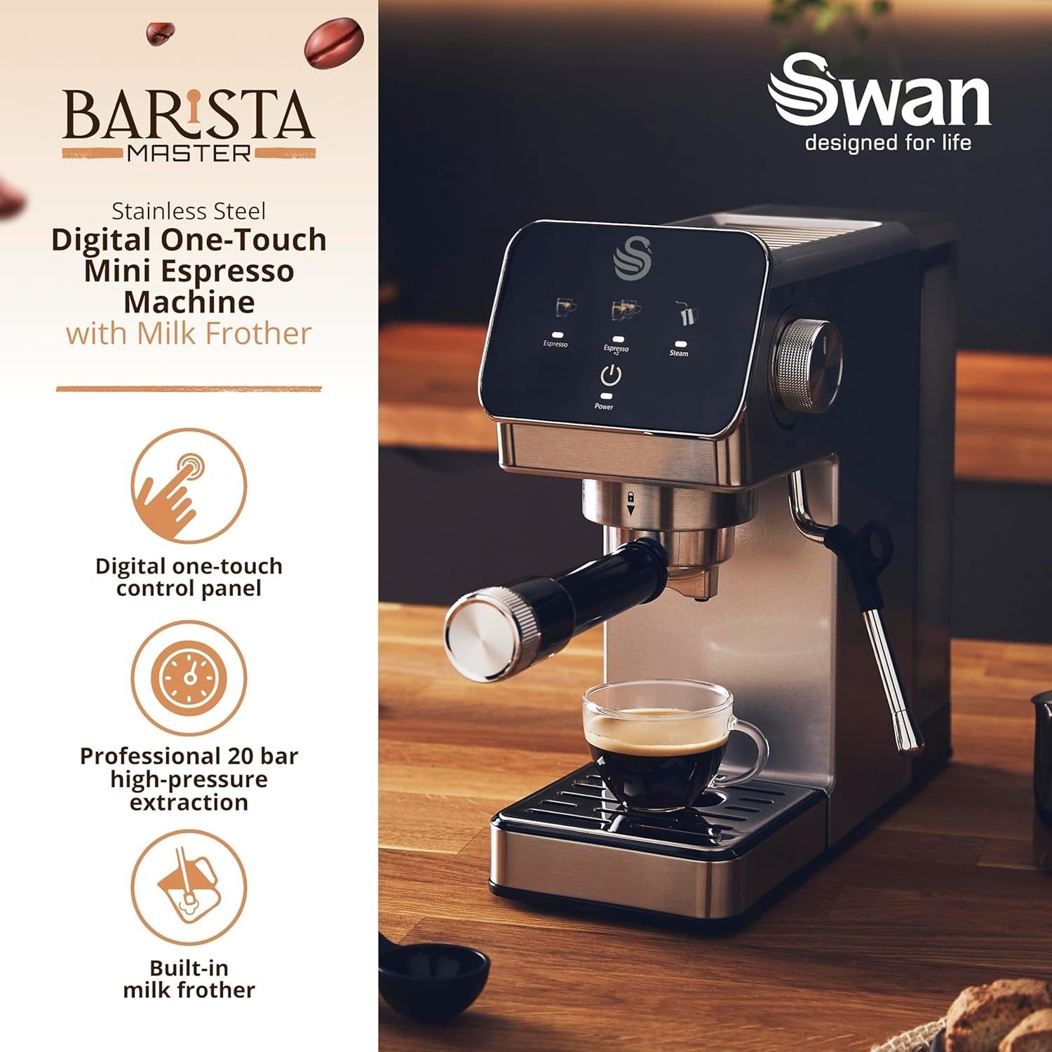 Compact Digital Espresso Machine 20 Bar Pump Milk Frother Stainless Steel 1.2L