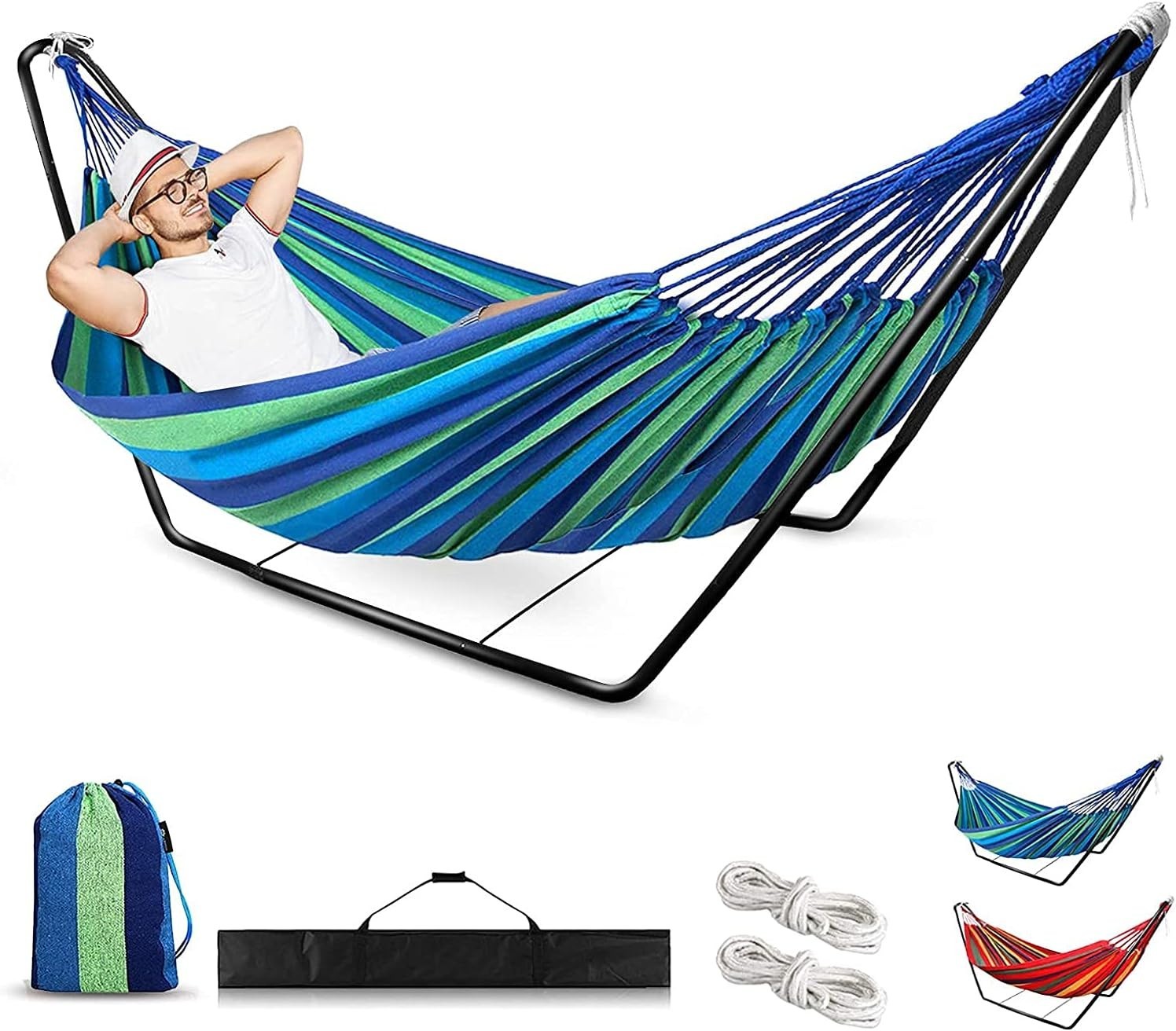 Space-Saving Double Cotton Hammock with Adjustable Steel Stand + Carry Bag